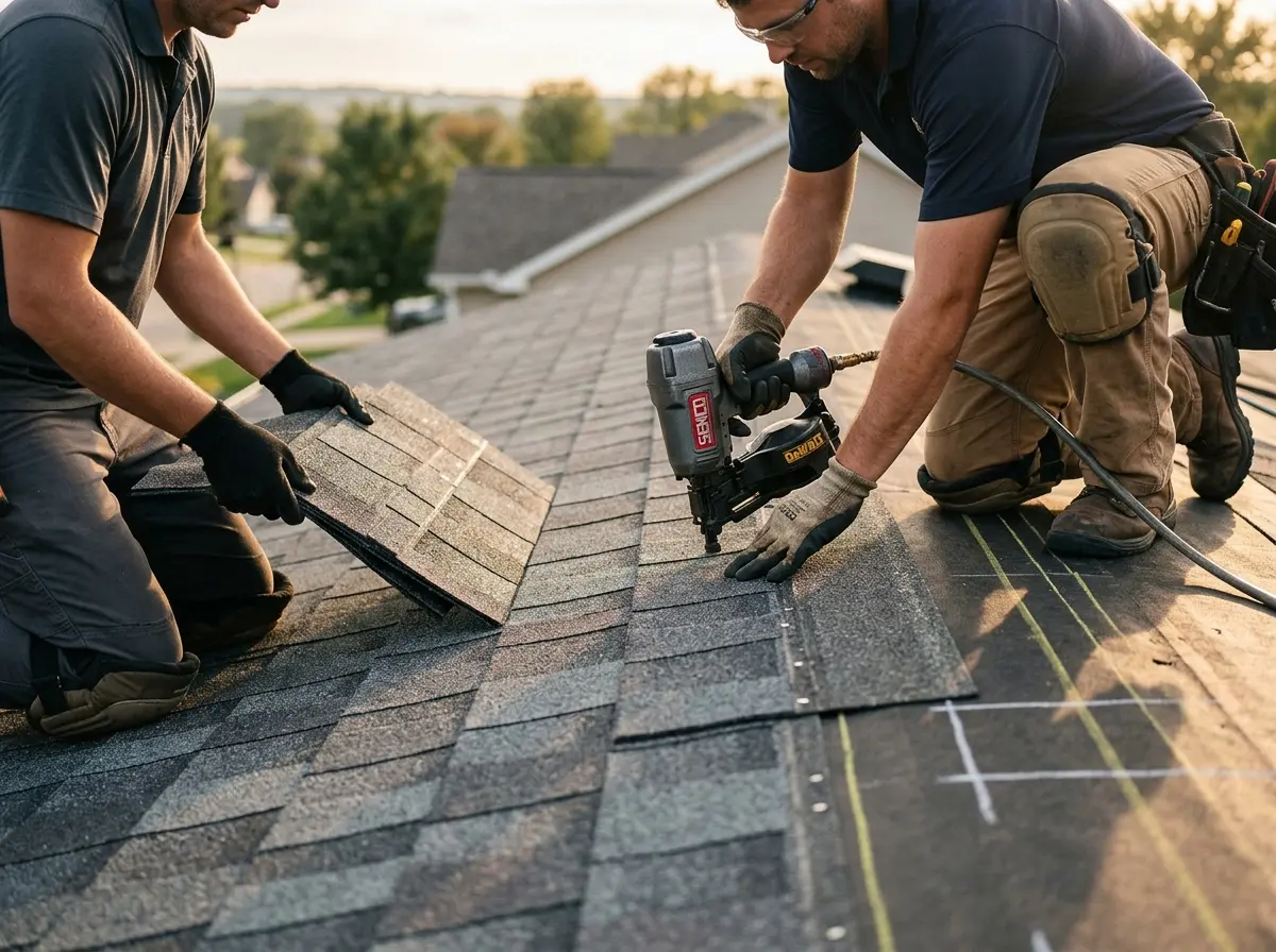 Professional roofer working on a residential roof in Farmersville